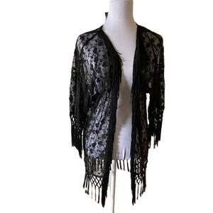 Monteau Black Floral Sheer Kimono Robe Fringe Small
